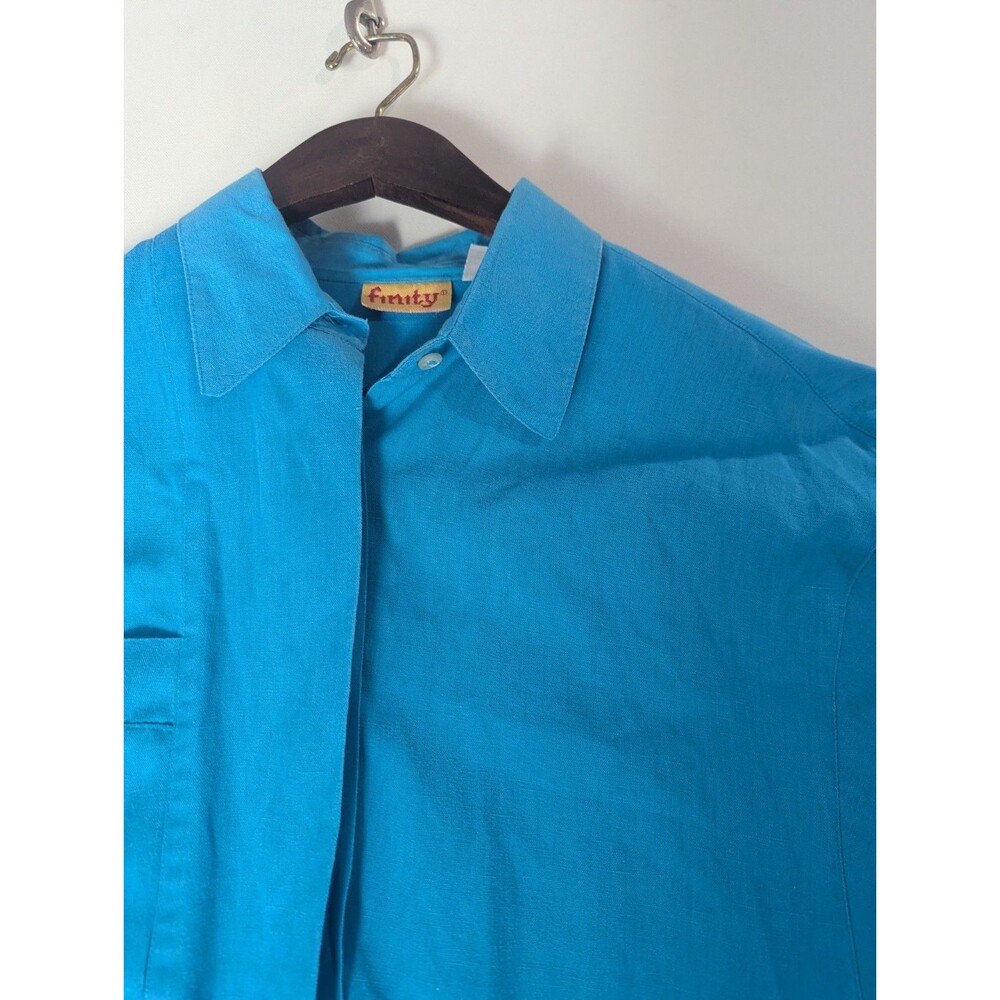 Vintage Womens Finity Blouse Blue Sz Large Linen Blend Minimalist Professional